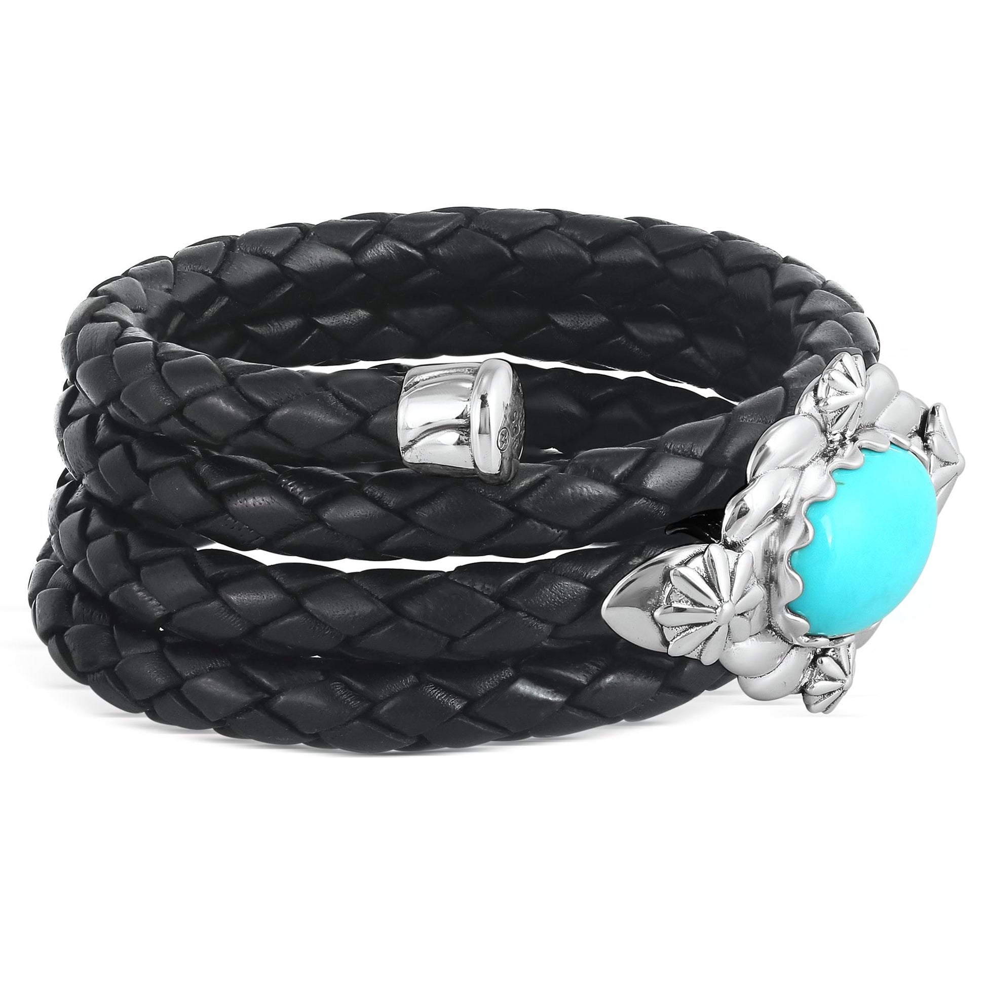 Sterling Silver Kingman Turquoise Black Braided Leather Coil Wrap Bracelet, 24 Inches