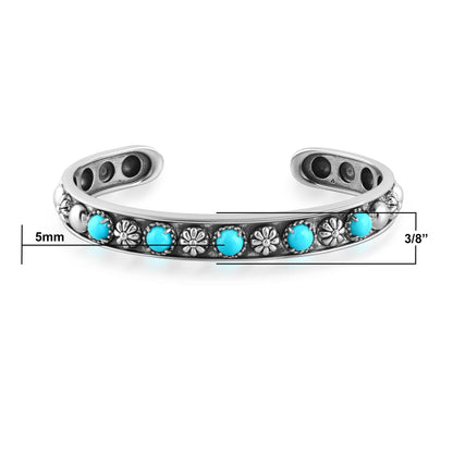 Sterling Silver Sleeping Beauty Turquoise Concha Flower Narrow Cuff Bracelet