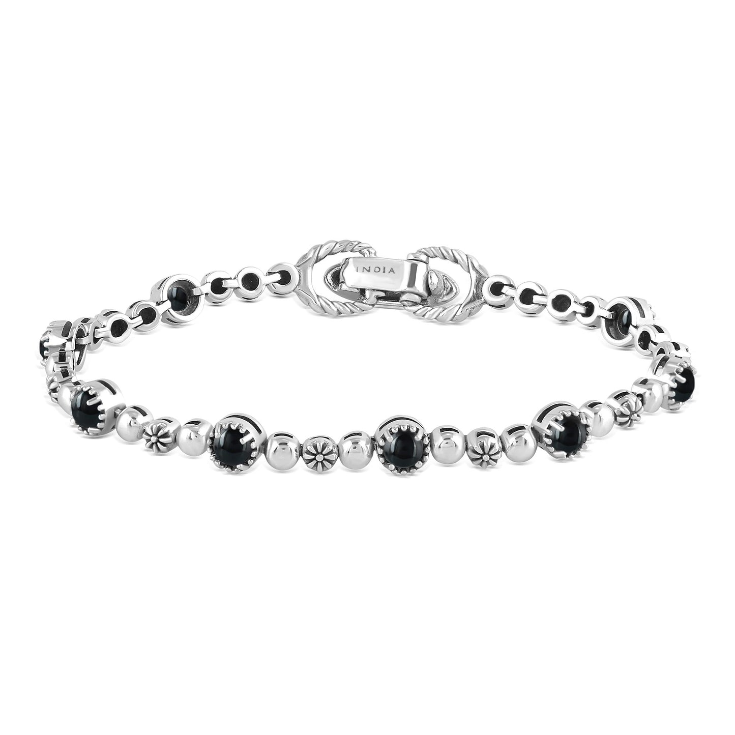 Sterling Silver Black Onyx Round Beaded Bracelet