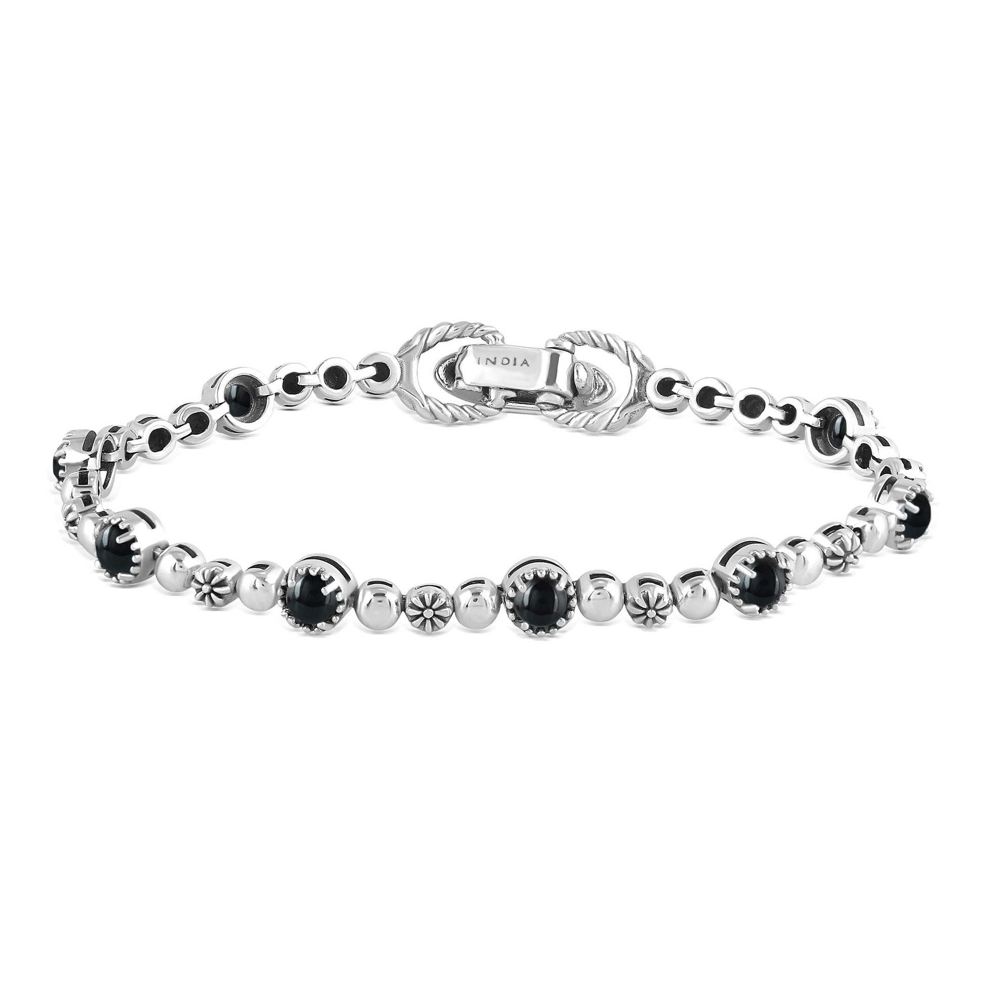 Sterling Silver Black Onyx Round Beaded Bracelet