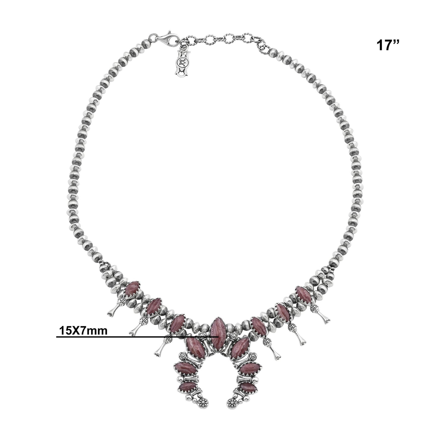  Sterling Silver Rhodochrosite Marquise-Cut Squash Blossom Necklace 