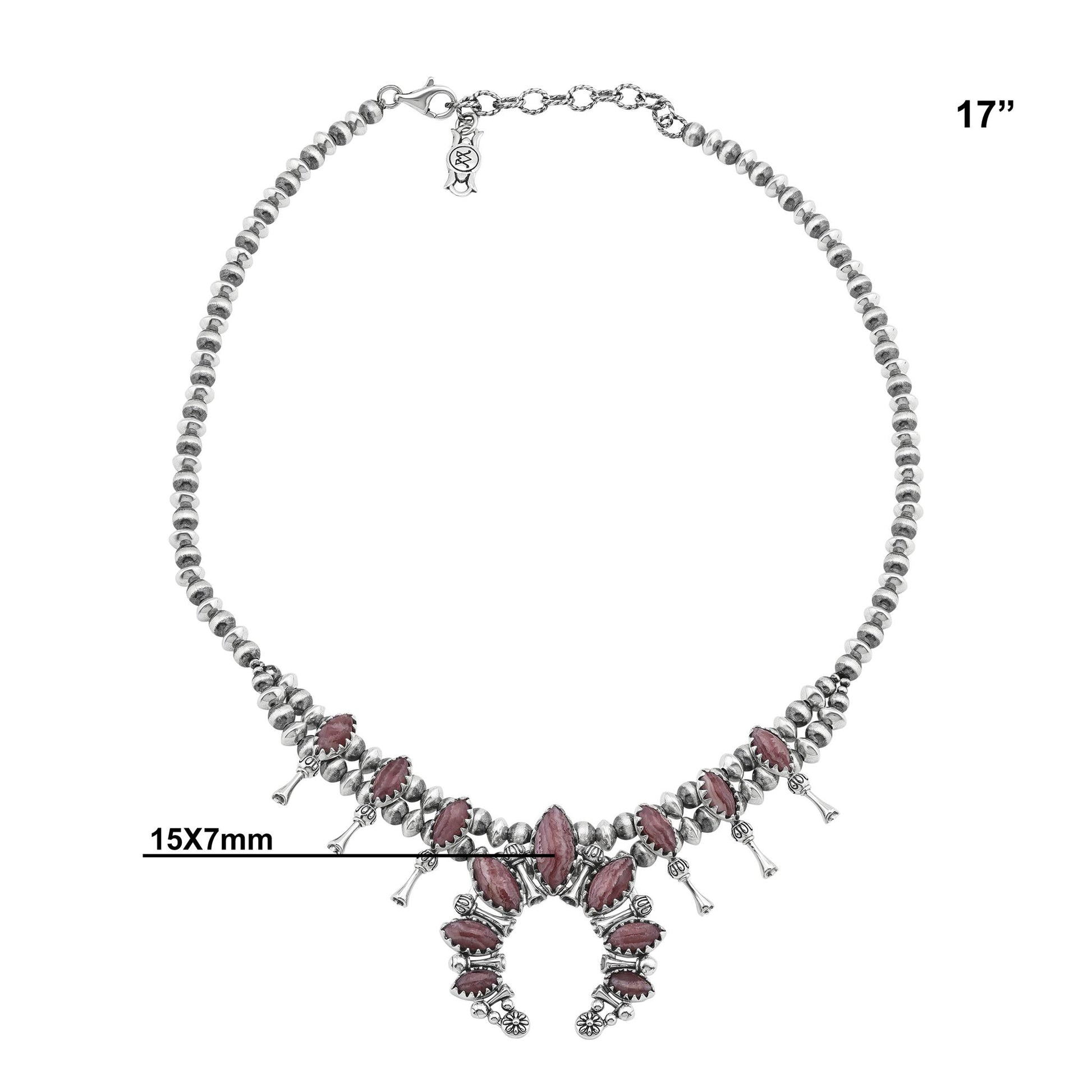  Sterling Silver Rhodochrosite Marquise-Cut Squash Blossom Necklace 