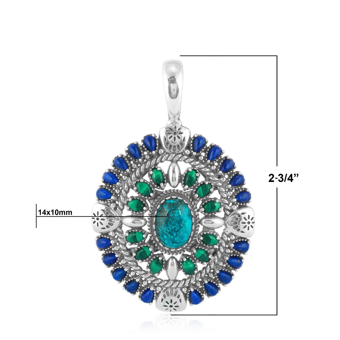 Sterling Silver Chrysocolla Malachite and Lapis Oval Floral Cluster Pendant Enhancer