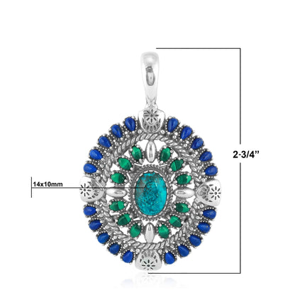 Sterling Silver Chrysocolla Malachite and Lapis Oval Floral Cluster Pendant Enhancer