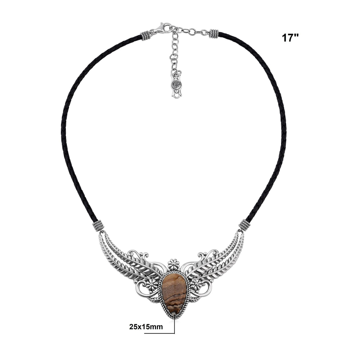 Sterling Silver Picture Jasper Vine and Leaf Leather Necklace, 17 to 20 Inches