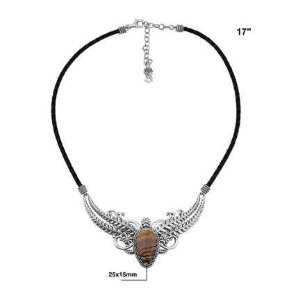Sterling Silver Picture Jasper Vine and Leaf Leather Necklace, 17 to 20 Inches