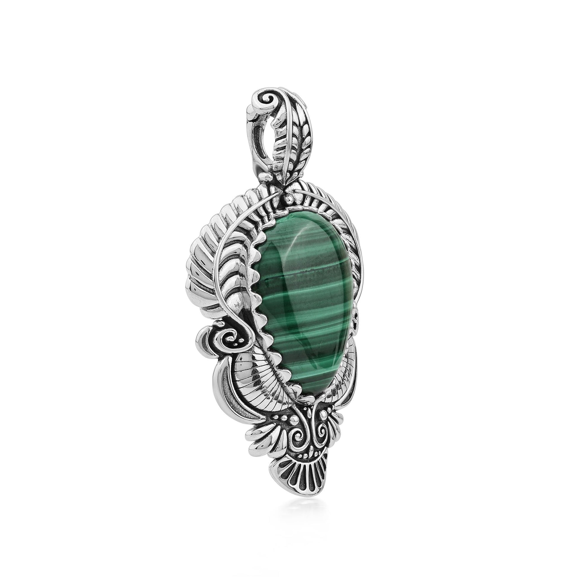 Sterling Silver Malachite Pear Gemstone Leaf Pendant Enhancer 
