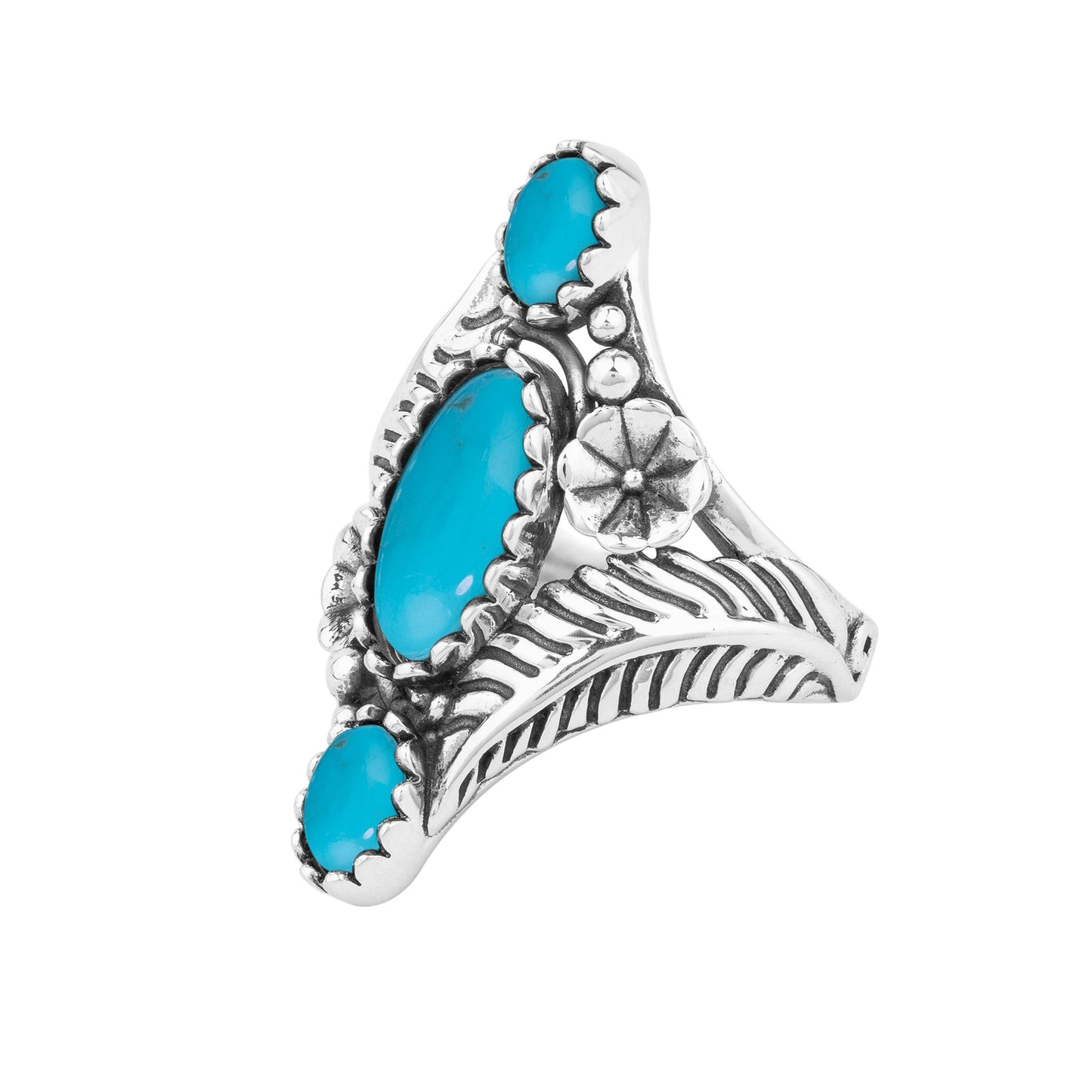 Sterling Silver Kingman Turquoise Oval Leaf and Vine Ring
