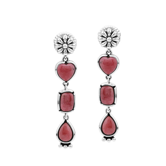 Sterling Silver Rhodonite Gemstone Heart, Rectangle and Pear Concha Post Dangle Earrings 