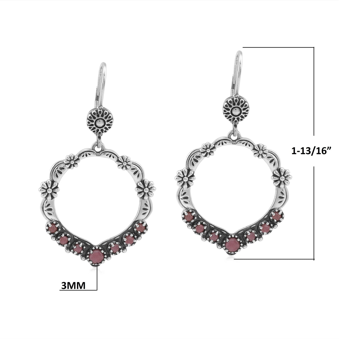 Sterling Silver Rhodonite Open Hoop Concha Lever Back Earrings