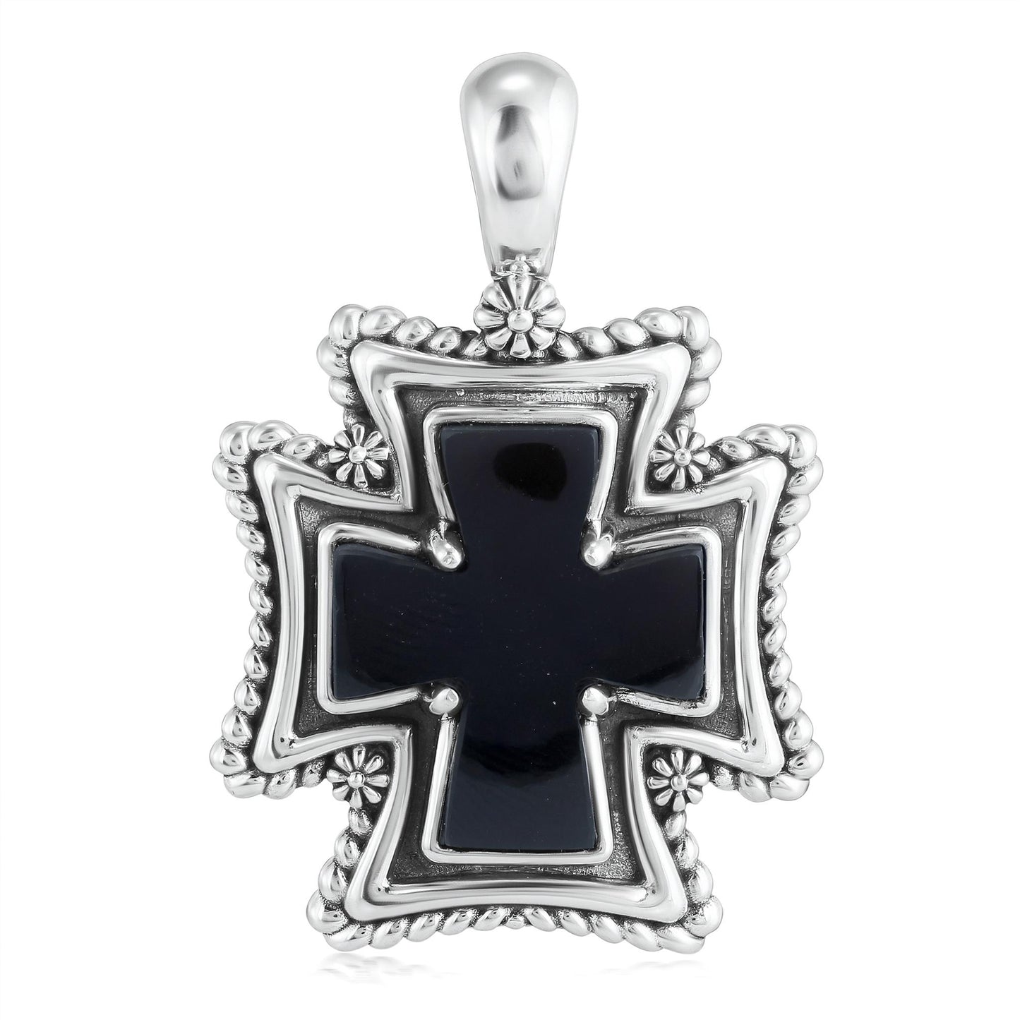 Sterling Silver Black Agate Rope Detail Cross Pendant Enhancer
