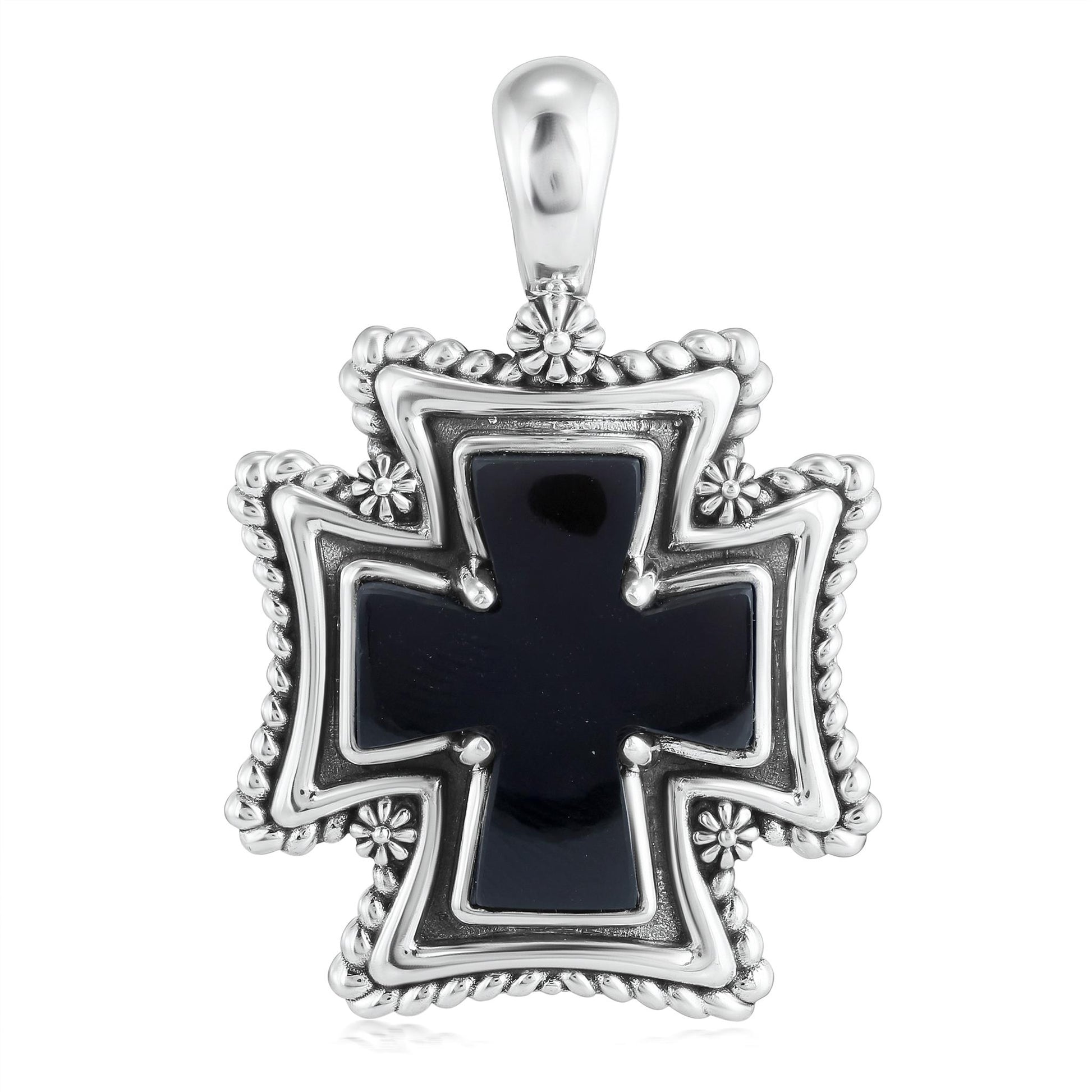 Sterling Silver Black Agate Rope Detail Cross Pendant Enhancer