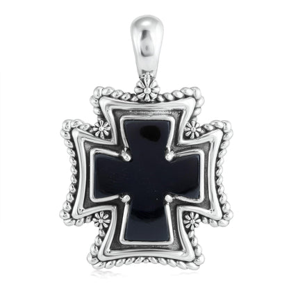 Sterling Silver Black Agate Rope Detail Cross Pendant Enhancer