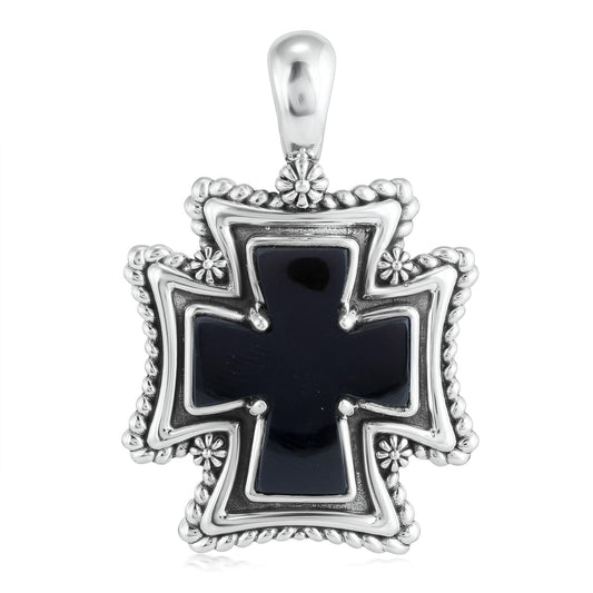 Sterling Silver Black Agate Rope Detail Cross Pendant Enhancer
