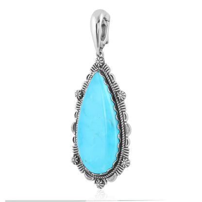 Sterling Silver Blue Turquoise Teardrop Bordered Design Pendant Enhancer