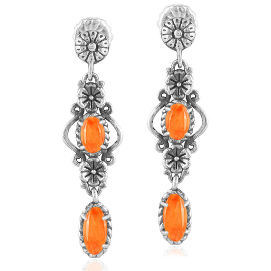 Sterling Silver Orange Spiny Oyster Gemstone Floral Dangle Earrings