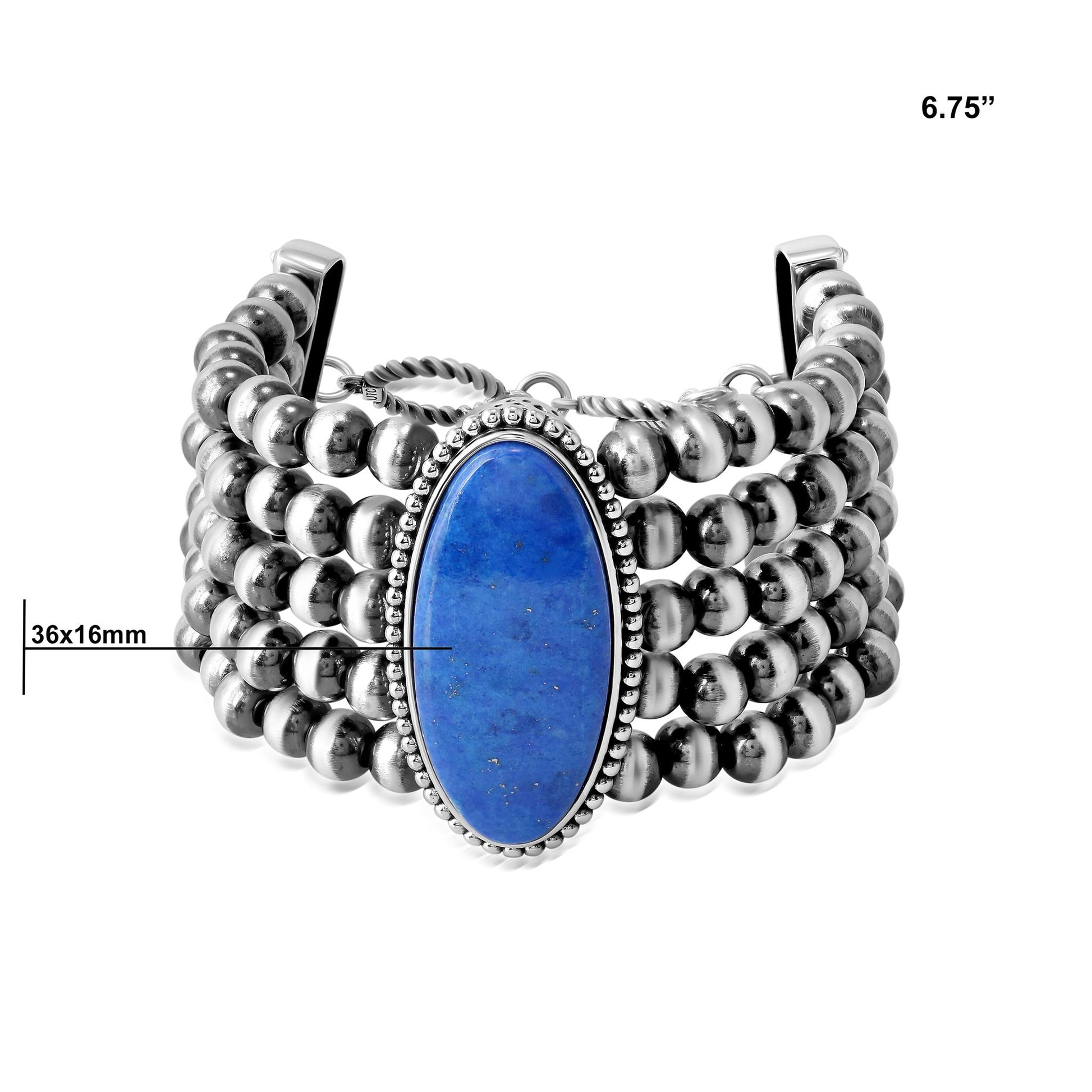 Sterling Silver Oval Denim Lapis Oval Cut Beaded Toggle Bracelet