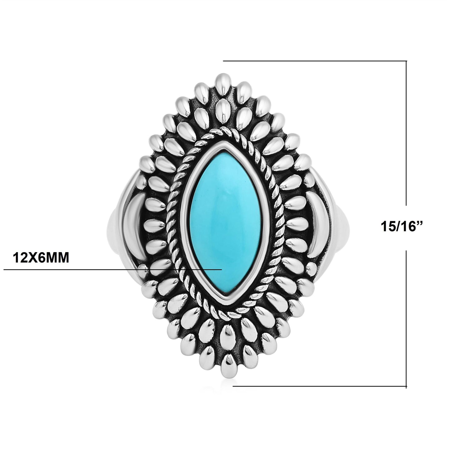 Sterling Silver Sleeping Beauty Turquoise Marquise Cut Rope and Bead Ring