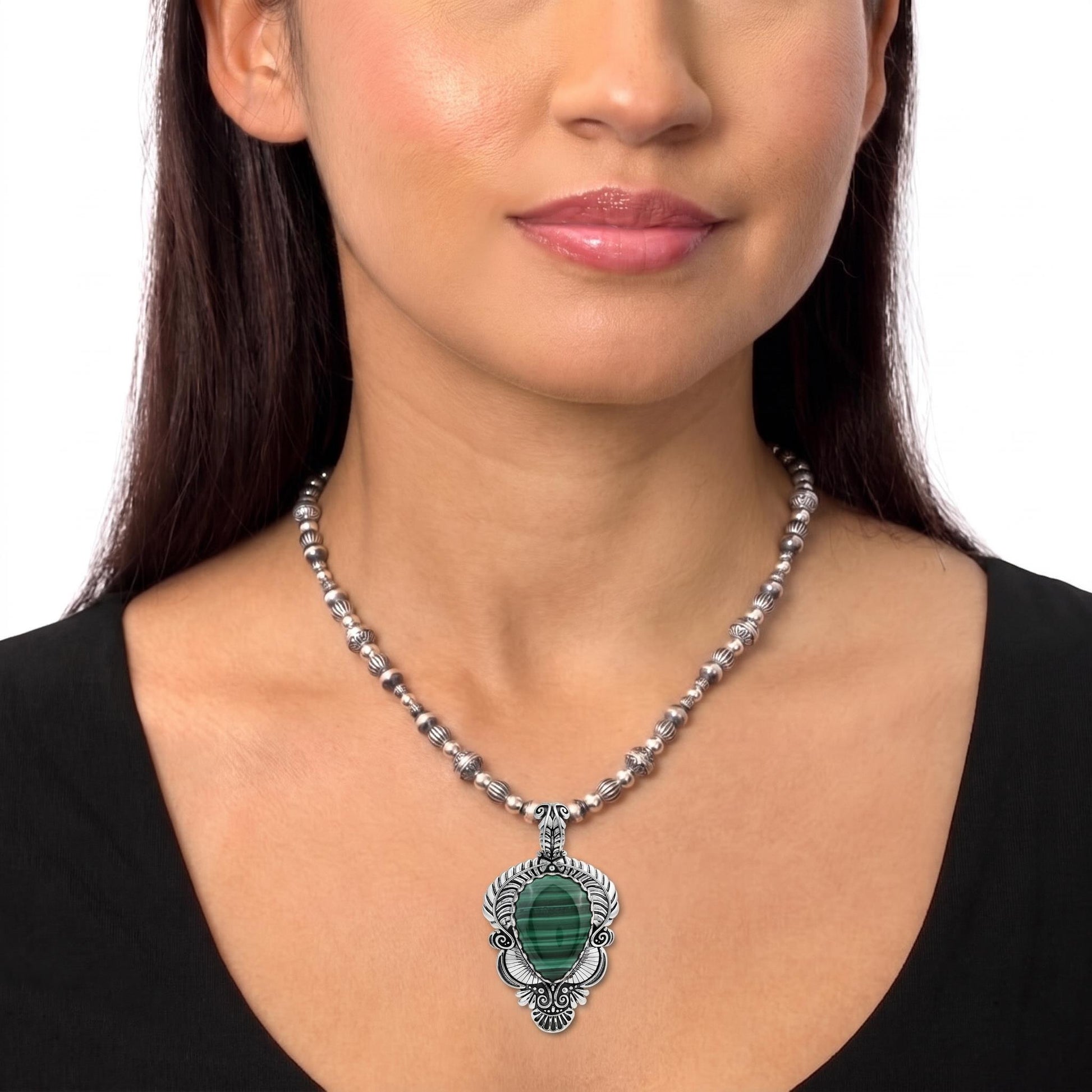 Sterling Silver Malachite Pear Gemstone Leaf Pendant Enhancer 