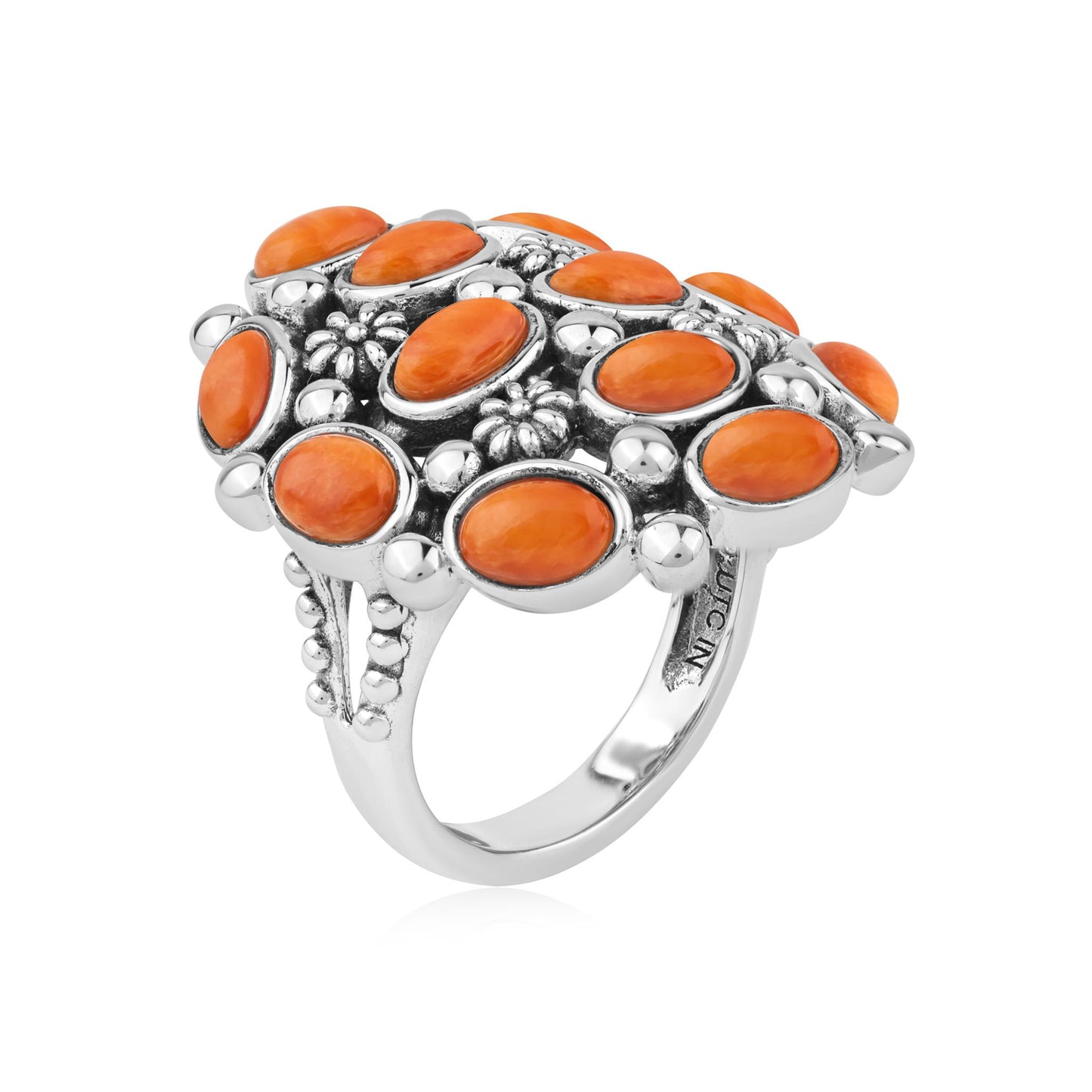  Sterling Silver Orange Spiny Oyster Oval 12-Stone Cluster Ring