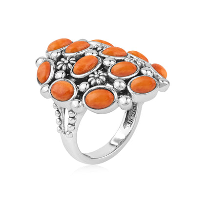 Sterling Silver Orange Spiny Oyster Oval 12-Stone Cluster Ring