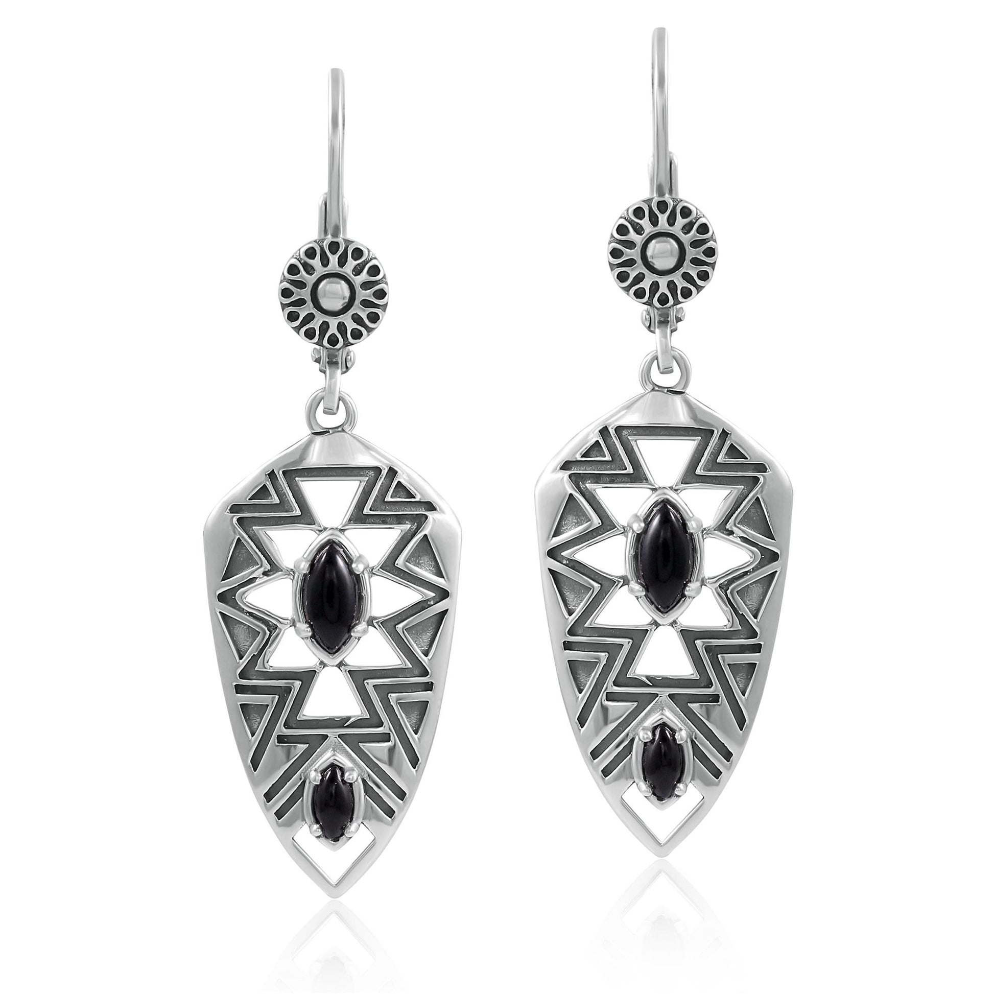 Sterling Silver Marquise Black Agate Patterned Lever Back Earrings 