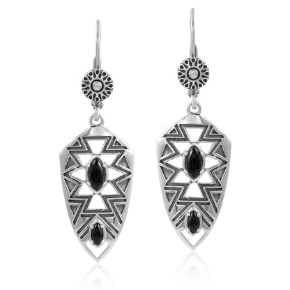 Sterling Silver Marquise Black Agate Patterned Lever Back Earrings 