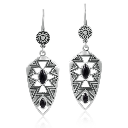 Sterling Silver Marquise Black Agate Patterned Lever Back Earrings 