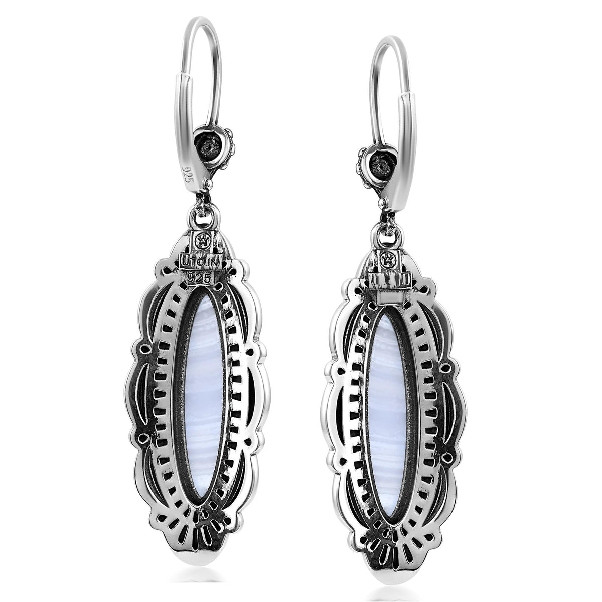 Sterling Silver Blue Lace Agate Elongated Oval Textured Lever Back Earrings 