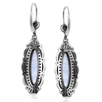 Sterling Silver Blue Lace Agate Elongated Oval Textured Lever Back Earrings 
