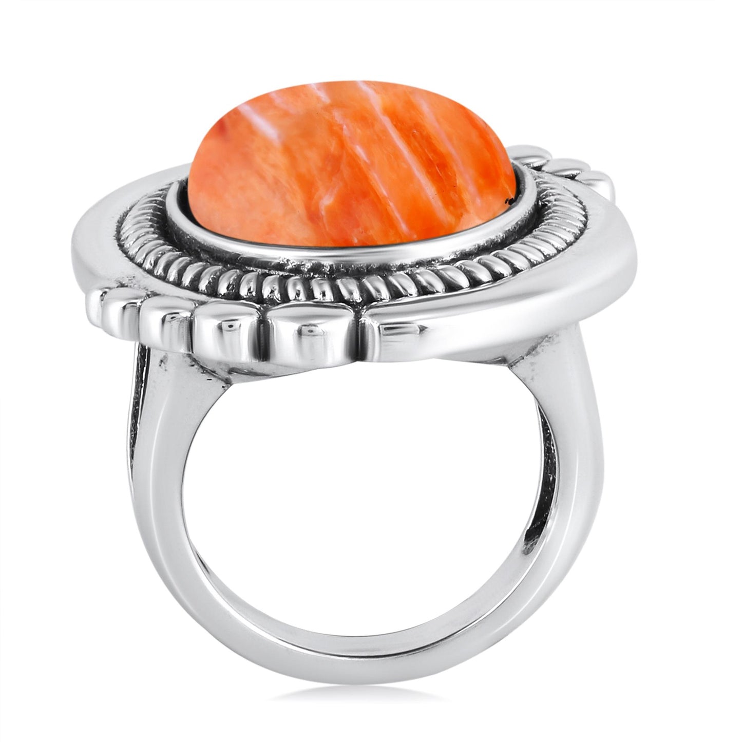 Sterling Silver Orange Spiny Oyster Oval Beaded Ring