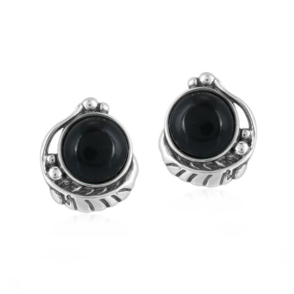 Sterling Silver Black Onyx Leaf Design Button Earrings