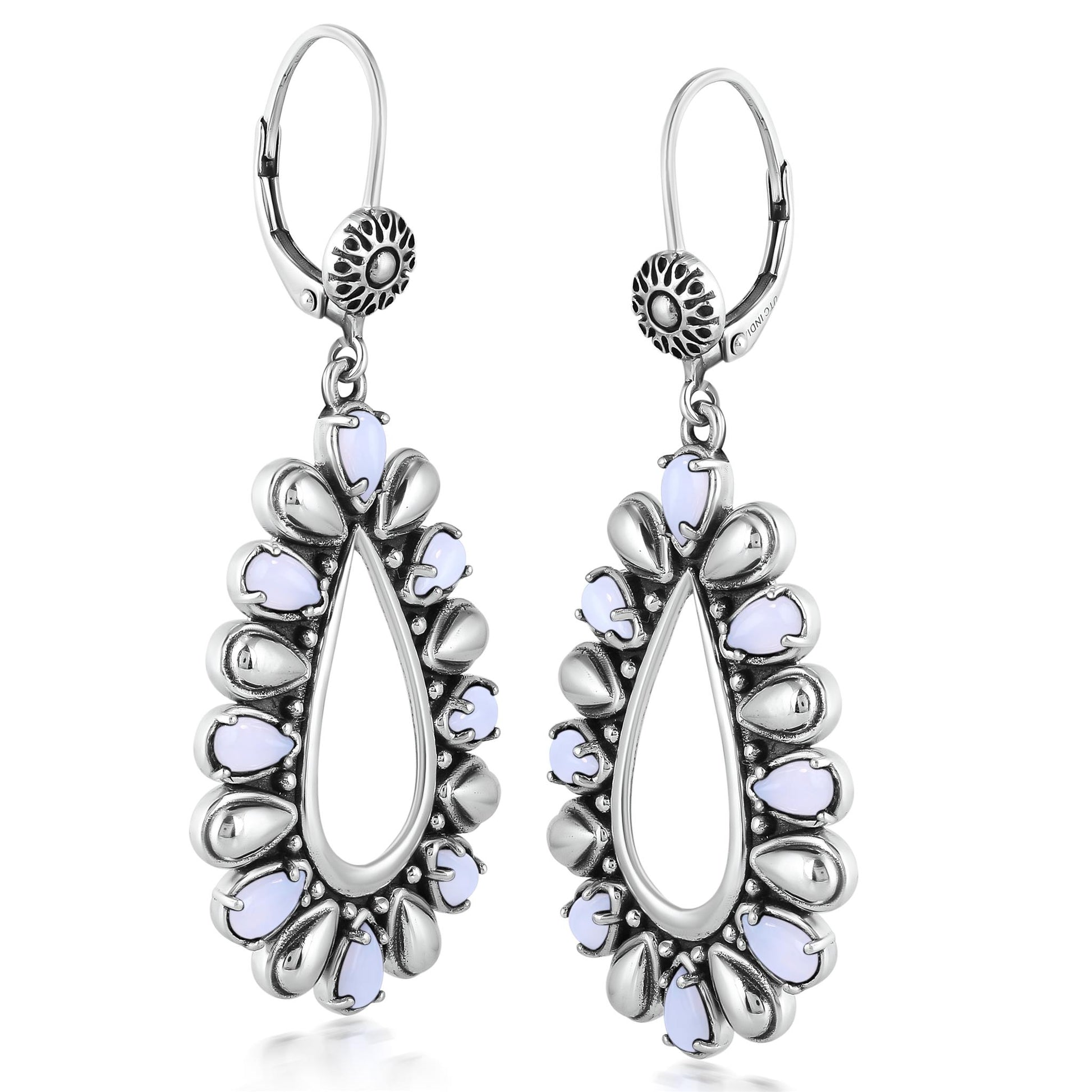Sterling Silver Blue Lace Agate Open Teardrop Pear-Cut Dangle Earrings