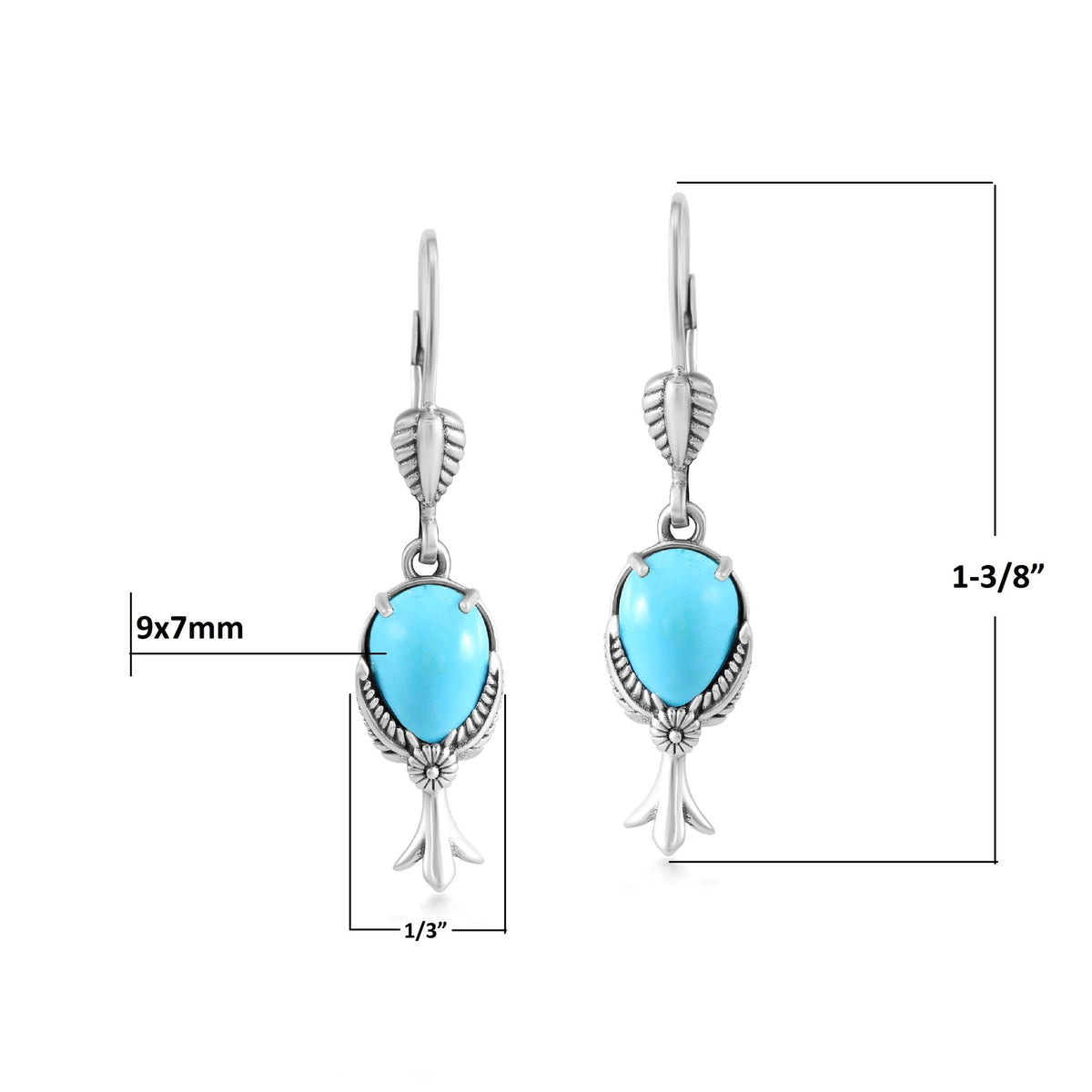 Sterling Silver Kingman Turquoise Pear Squash Blossom Dangle Earrings