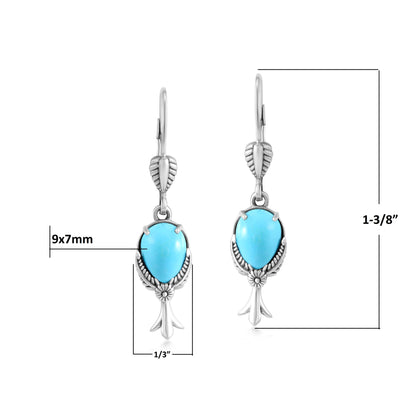 Sterling Silver Kingman Turquoise Pear Squash Blossom Dangle Earrings