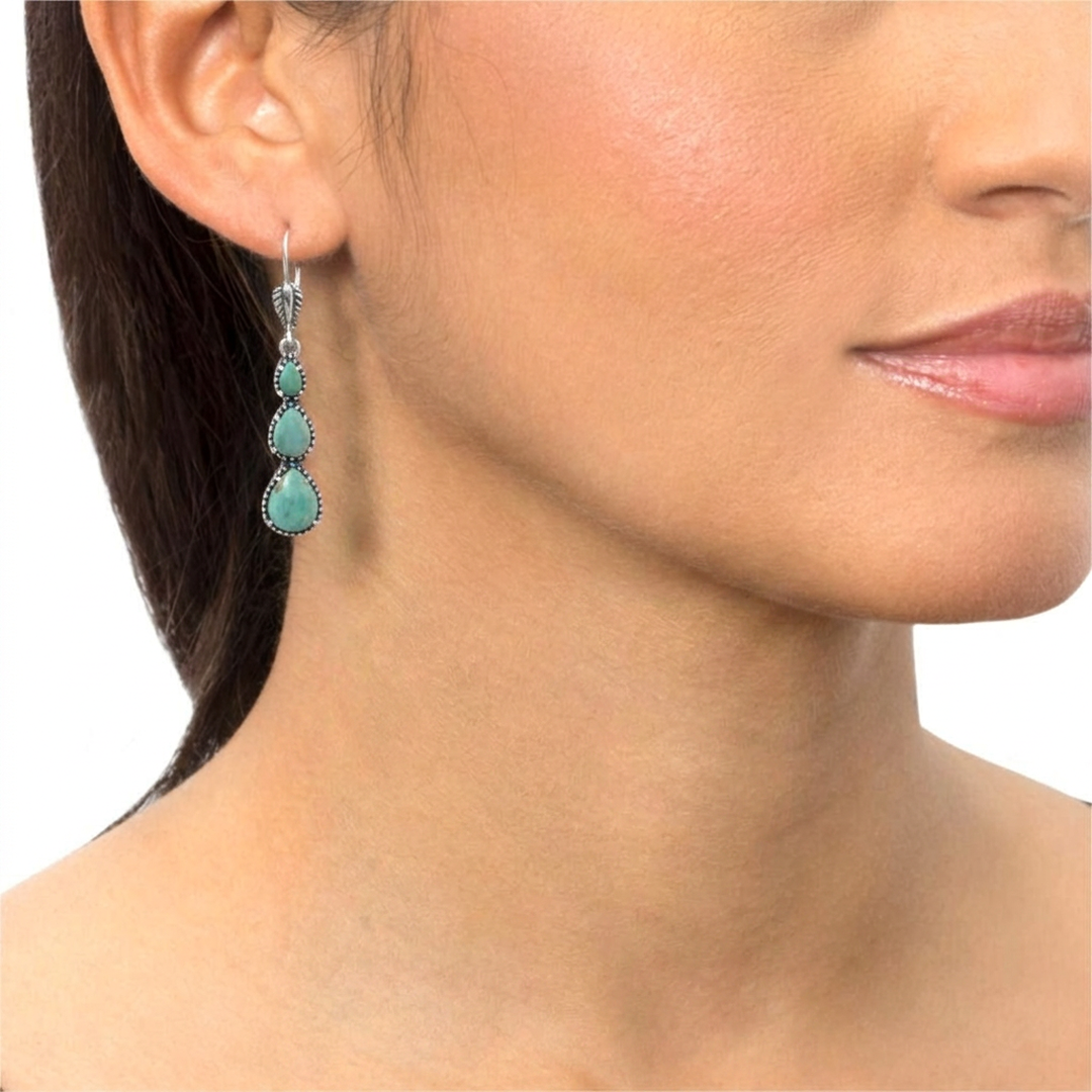  Sterling Silver Green Turquoise 3-Pear Drop Lever Back Earrings