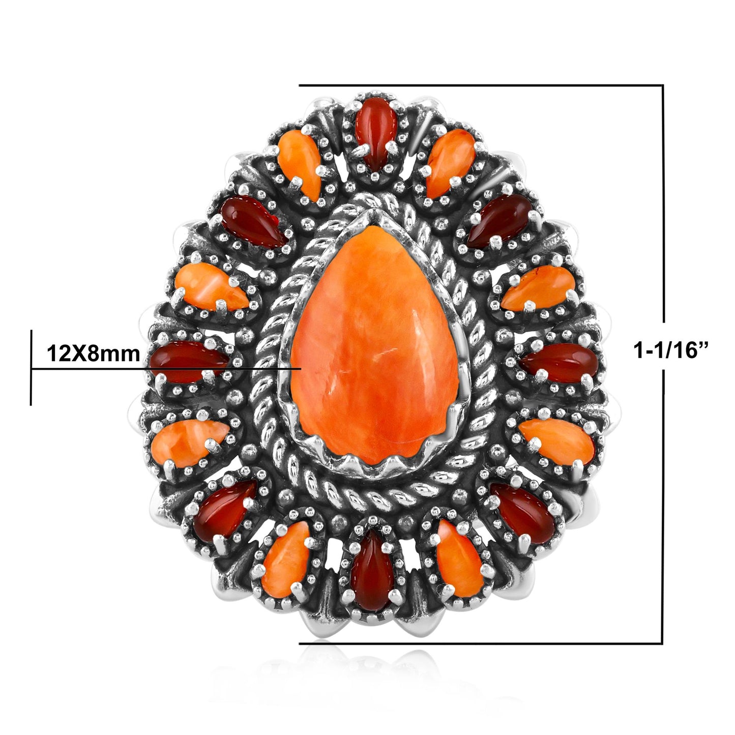 LIMITED EDITION! Sterling Silver Orange Spiny Oyster and Red Onyx Pear-Shaped Cluster Ring
