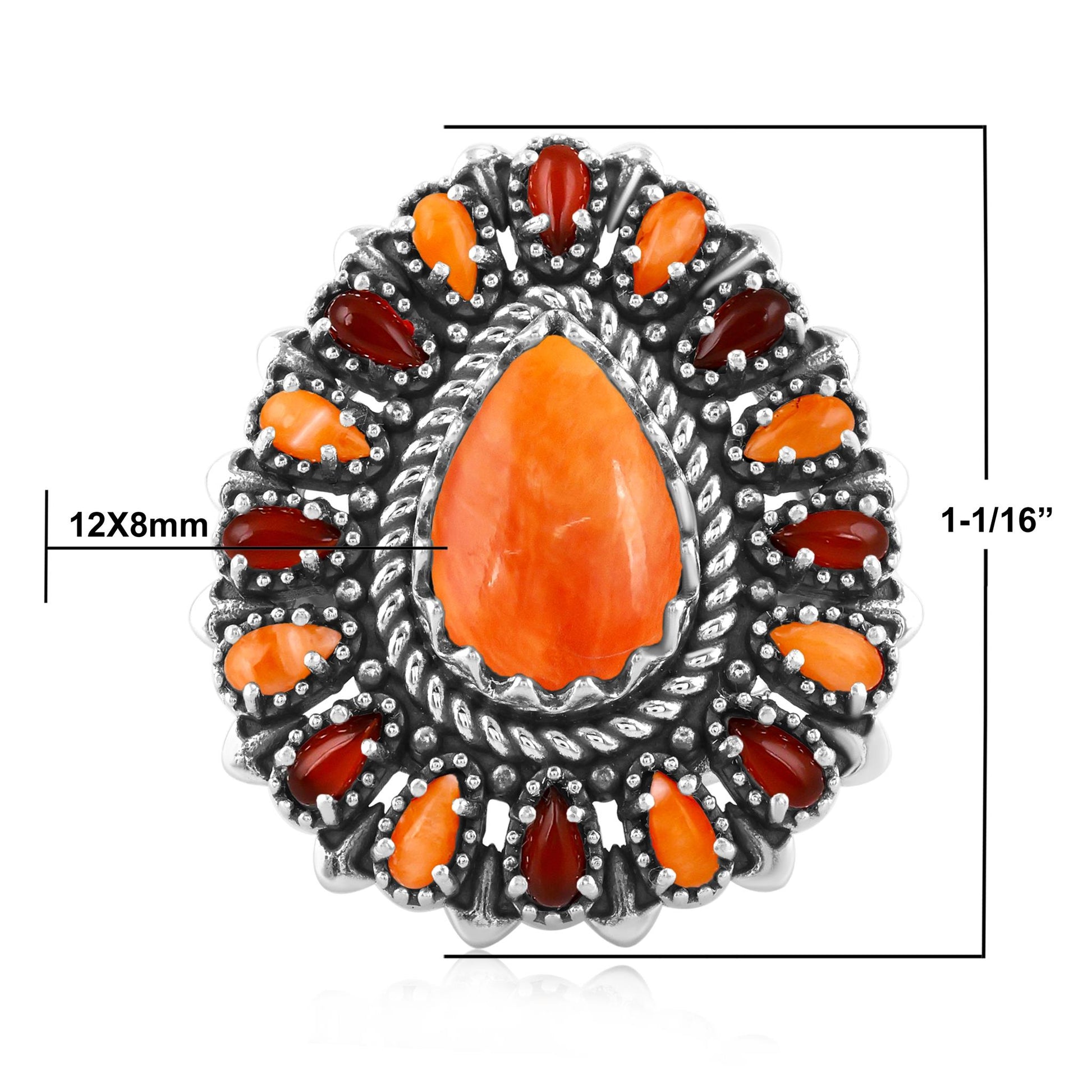 LIMITED EDITION! Sterling Silver Orange Spiny Oyster and Red Onyx Pear-Shaped Cluster Ring
