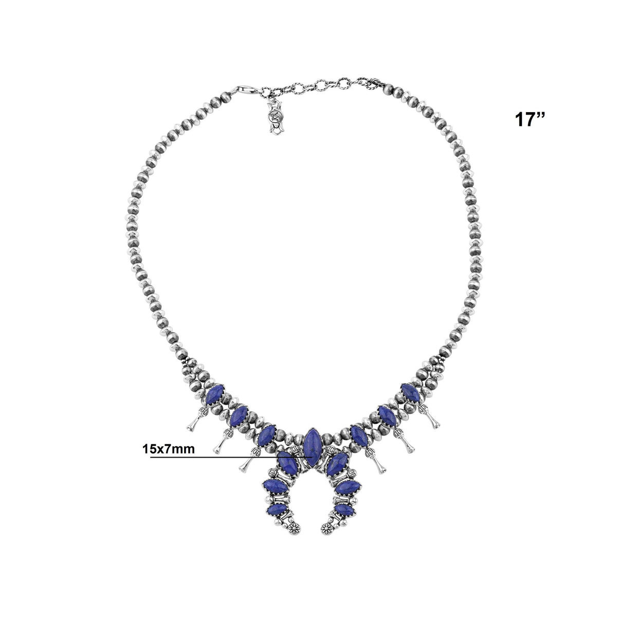 Sterling Silver Lapis Marquise-Cut Squash Blossom Necklace, 17 to 20 Inches