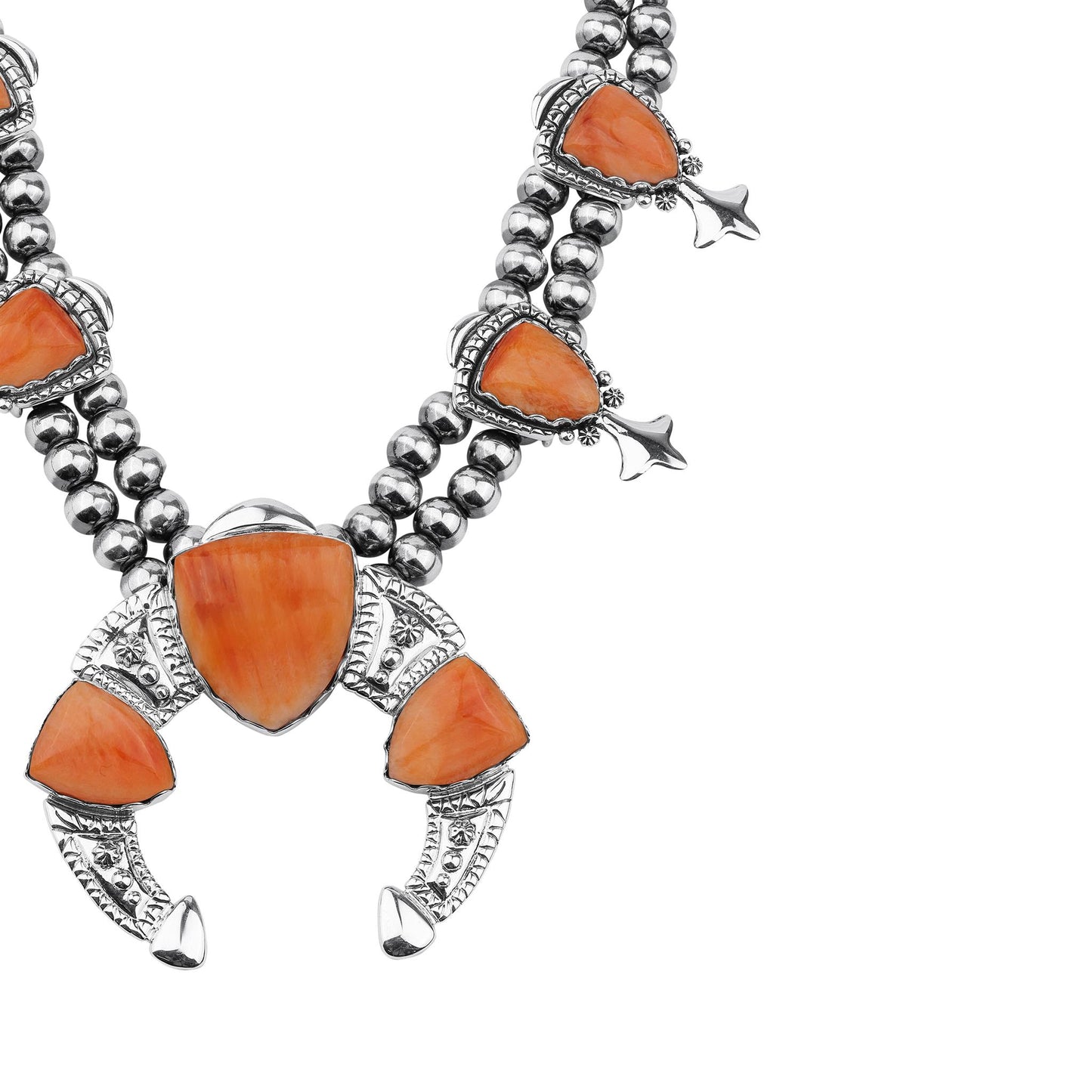 LIMITED EDITION! Sterling Silver Orange Spiny Oyster Arrowhead Squash Blossom Statement Necklace
