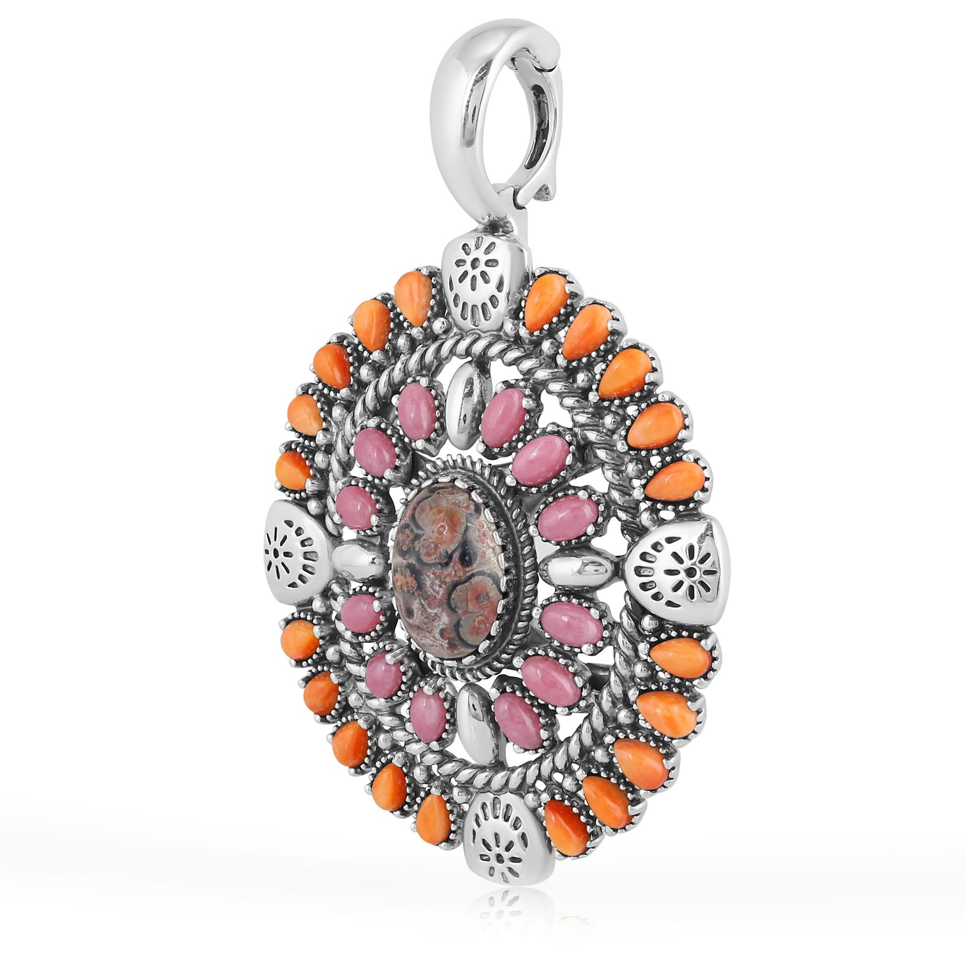 Sterling Silver Leopard Jasper, Orange Spiny Oyster and Rhodonite Oval Floral Cluster Pendant Enhancer