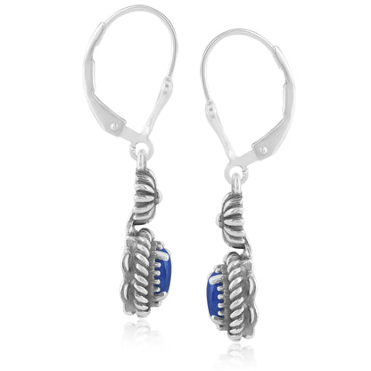 Sterling Silver Lapis Gemstone Floral and Rope Design Dangle Earrings