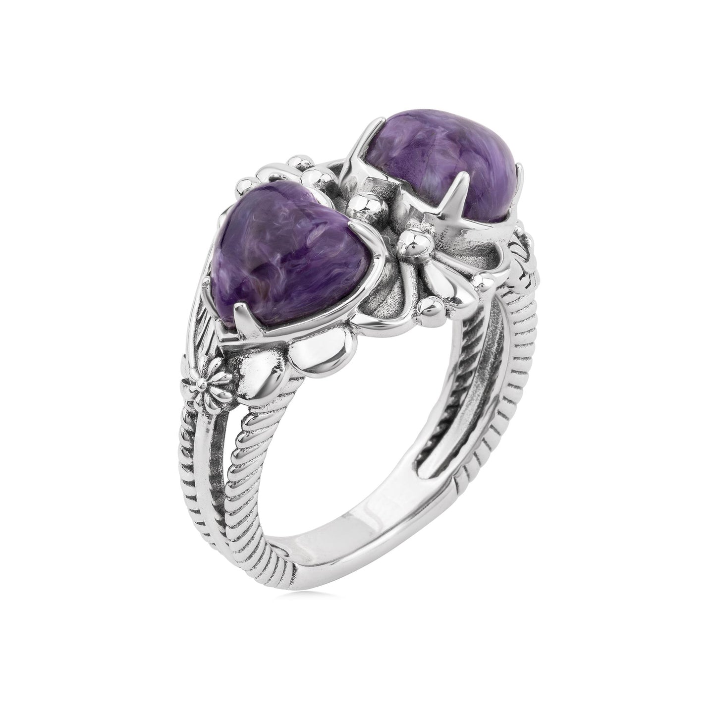 EXCLUSIVELY OURS! Sterling Silver Charoite Double Heart Ring, Sizes 5 to 11