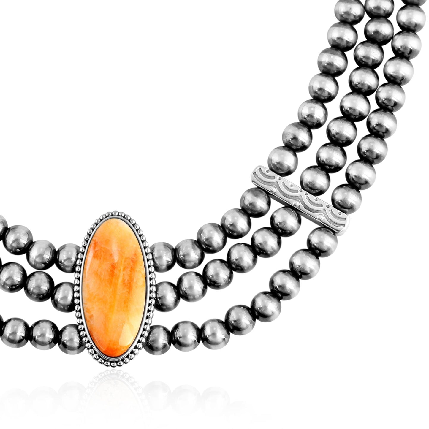 Sterling Silver Orange Spiny Oyster Oval Cut Triple-Row Beaded Necklace, 17 to 20 Inches