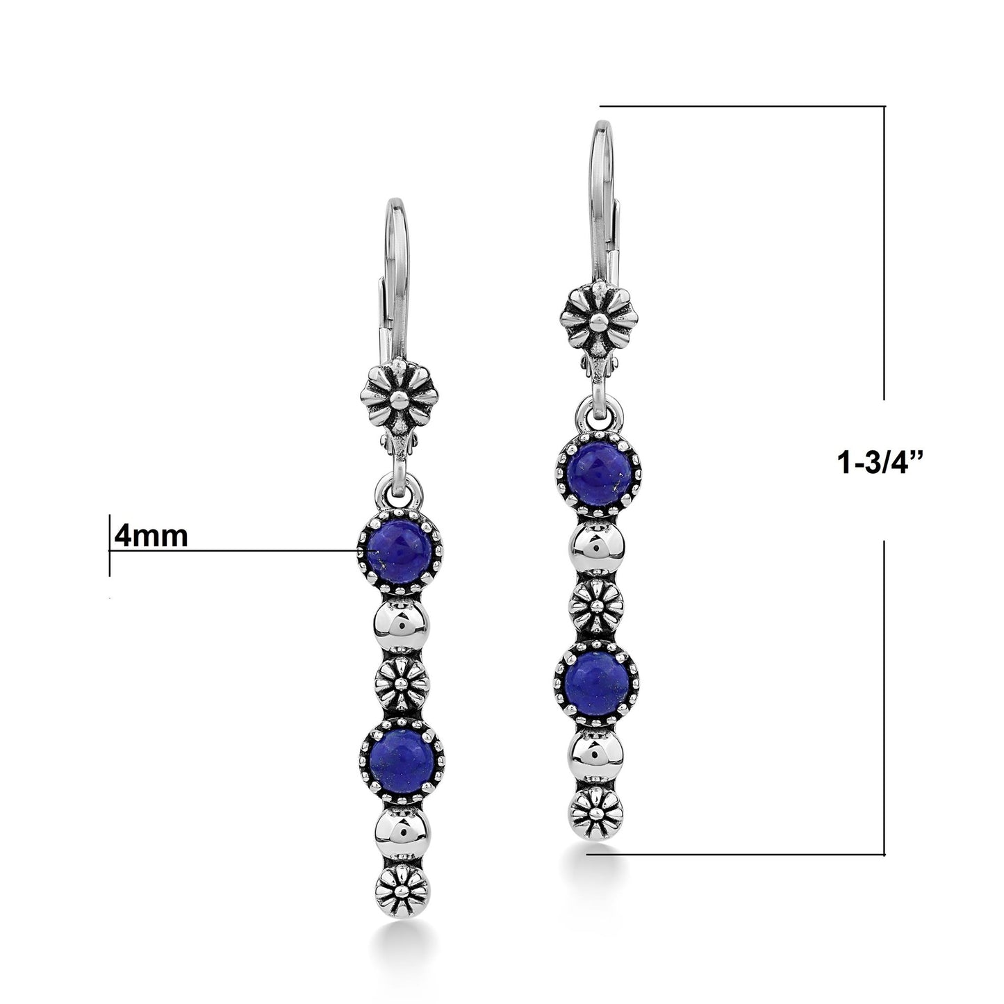Sterling Silver Lapis Round Gemstone and Concha Linear Lever Back Earrings