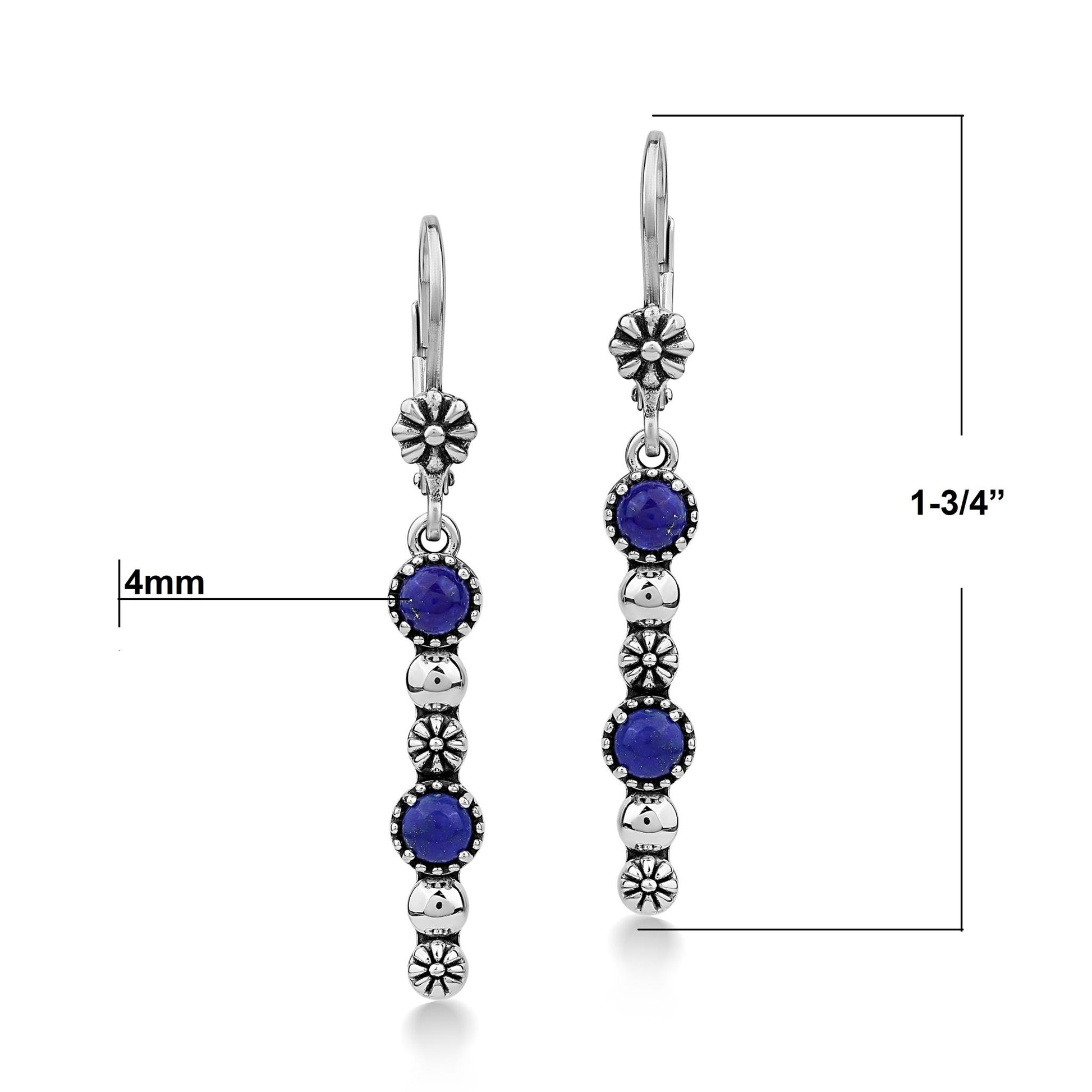 Sterling Silver Lapis Round Gemstone and Concha Linear Lever Back Earrings