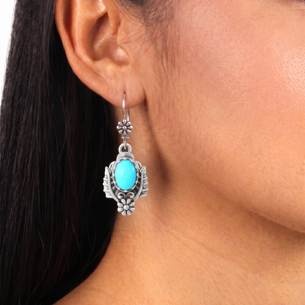 Sterling Silver Sleeping Beauty Turquoise Oval Concha and Leaf Dangle Earrings