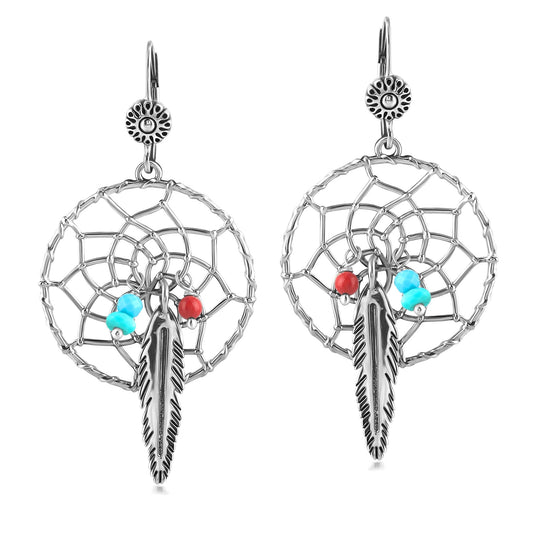 Sterling Silver Kingman Turquoise and Red Coral Dreamcatcher Feather Dangle Earrings