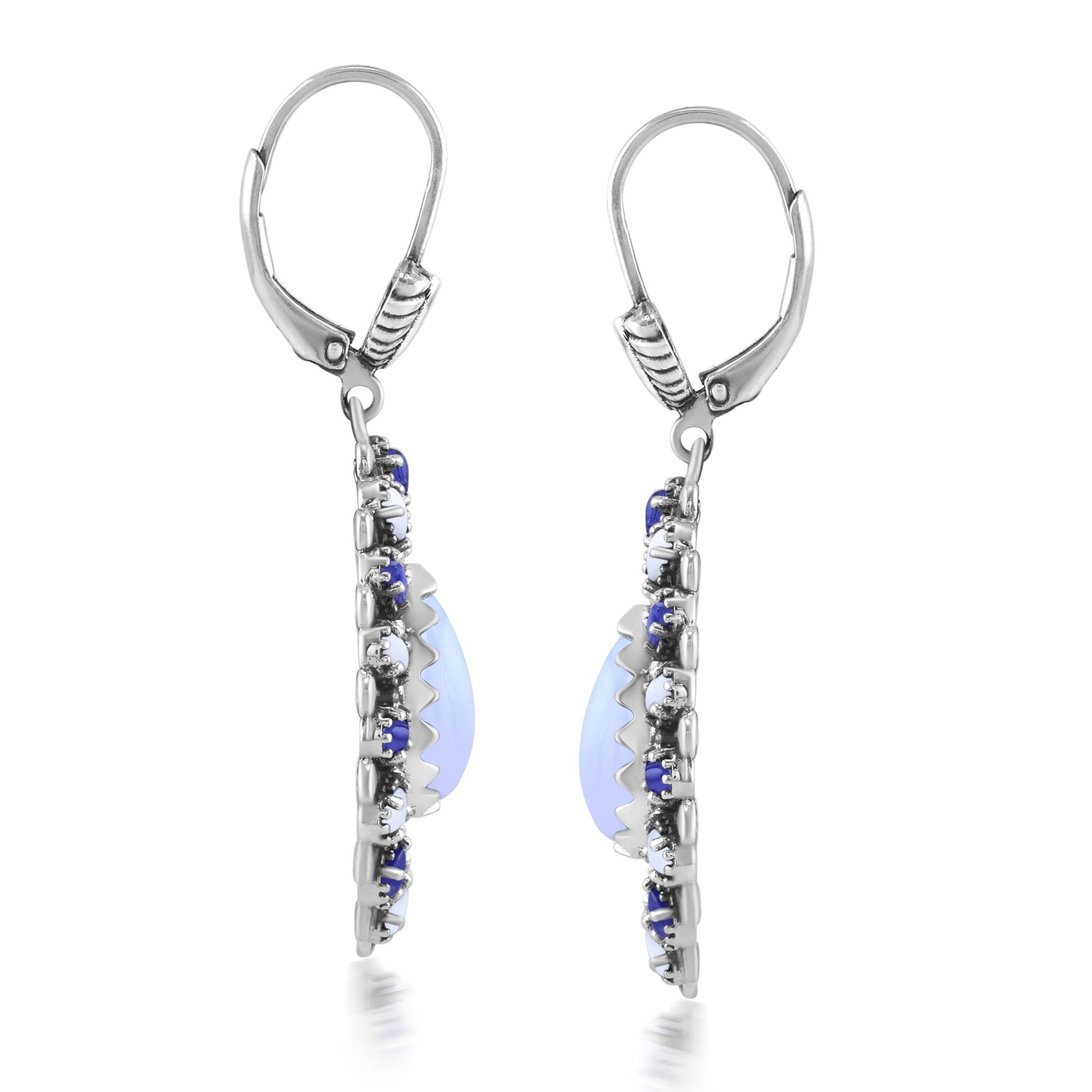 Sterling Silver Blue Lace Agate, Sodalite, and White Agate Cluster Pear Shaped Dangle Earrings