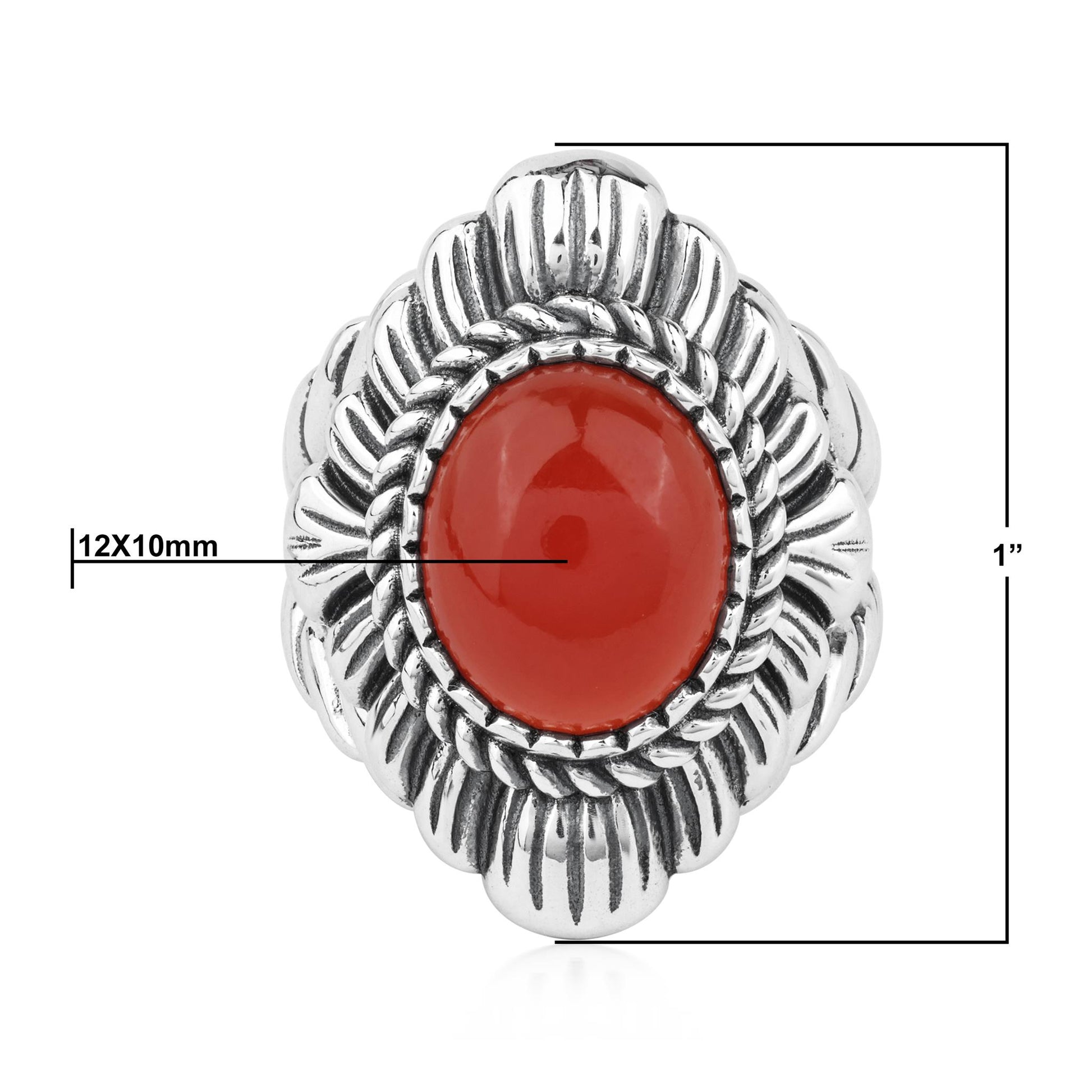 Sterling Silver Red Onyx Oval-Cut Rope Scallop Design Ring